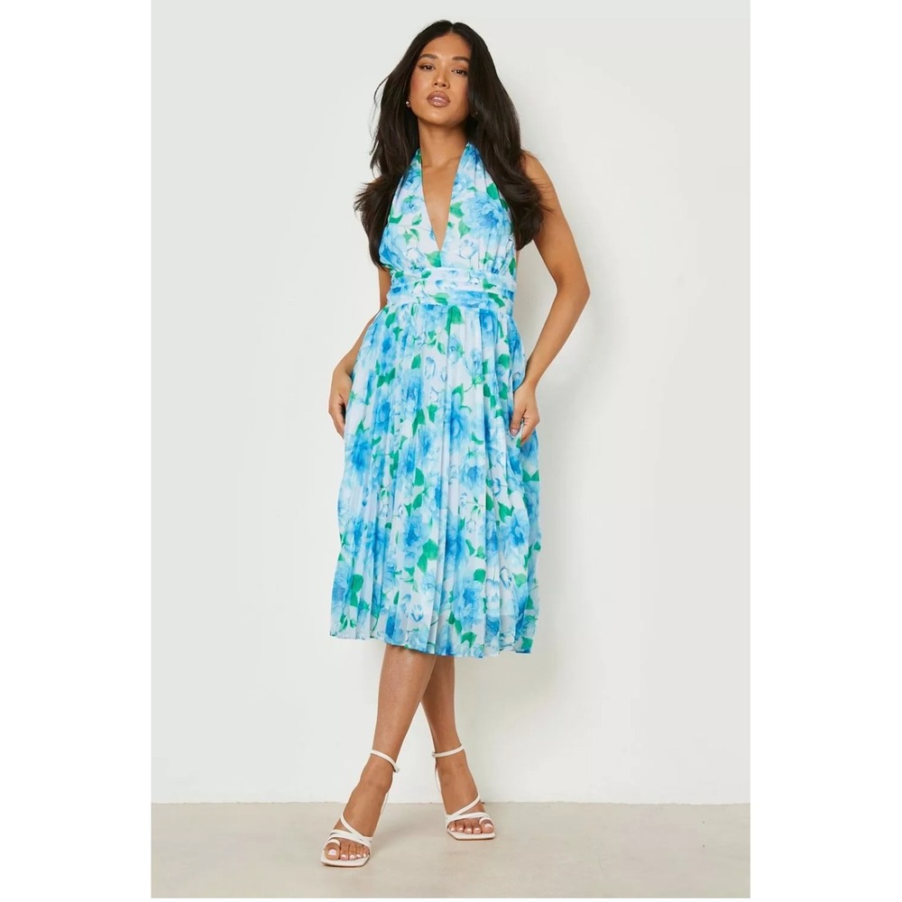 Blue White Floral Chiffon Halter Dress Wedding Event Midi Summer Retro‎ Sz 8 / M